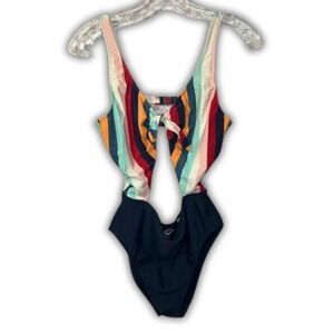 HOLLISTER One Piece Striped Cut out Peekaboo Preppy Swimsuit Size L with Bow Tie